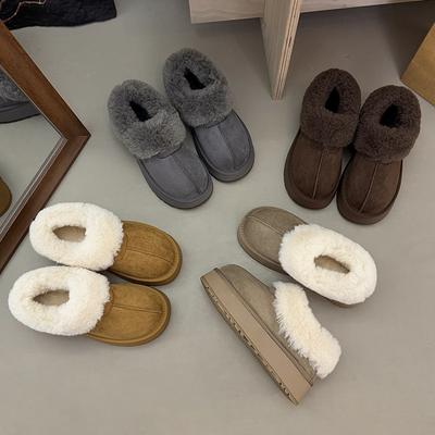 Пушистые полутапочки на толстой подошве для ношения на улице зимой 2025 года, новые бархатные хлопковые туфли, женские ботинки-дутики из кожи и меха