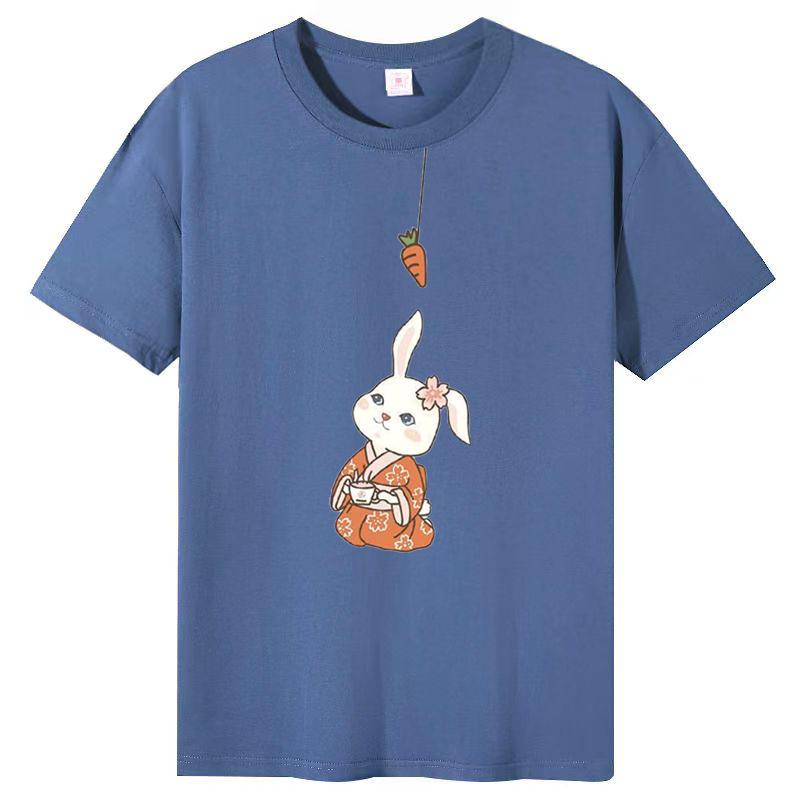 Футболка с изображением кролика из хлопка для женщин 2025 года, летние новые белые трендовые женские свободные топы с короткими рукавами