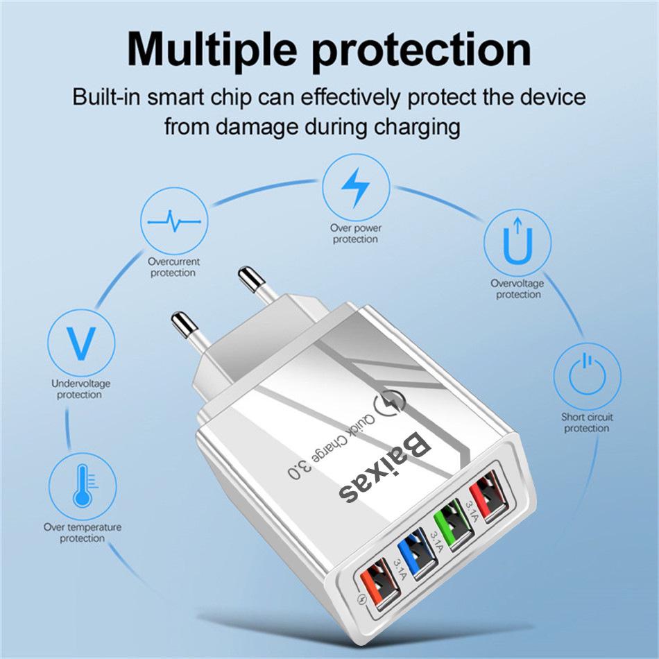 4-портовое USB-зарядное устройство для мобильных телефонов и планшетов, дорожное, стандарт США и ЕС, 3А