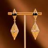 Vintage Gold Court Earrings: Openwork Rhombus Pendant with Diamond and Black Gemstone Accents
