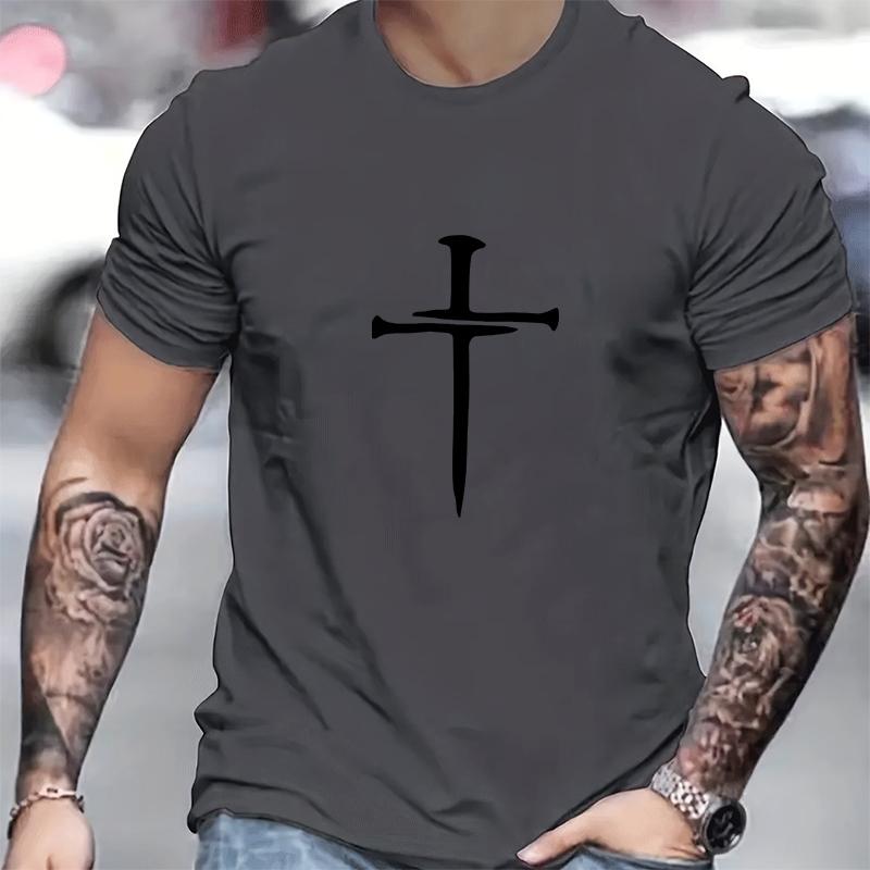 Cotton Short Sleeved Men's T-shirt with Cross Pattern Printed On It, Men's Summer Outdoor Clothing, Daily Style, Fashionable and