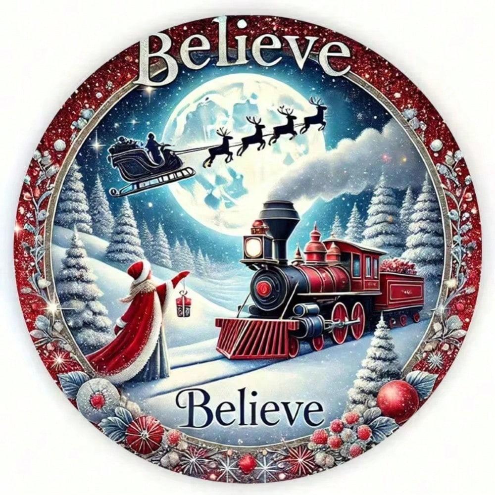 Vintage Metal Tin Sign 8x8 Inch Christmas Train Wreath Wall Decor Retro Holiday Home Art Plaque for Living Room Bar