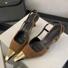 Liyke Fashion Design Metal Pointed Toe Slip On Back Strap High Heels Slingback Sandals Women Pumps Summer Party Prom Shoes Brown