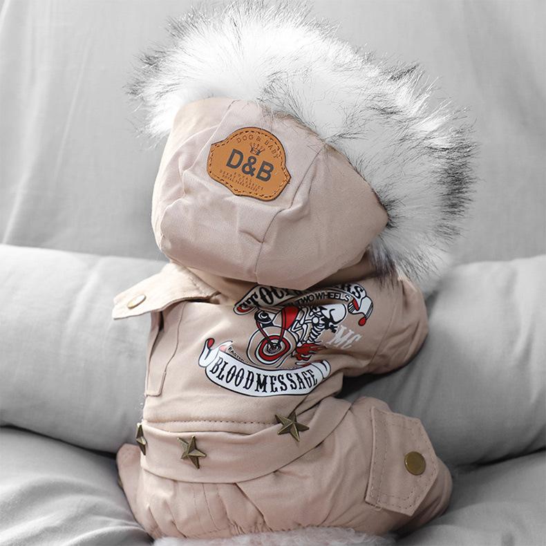 Dog clothes hooded cotton-padded clothes high-value locomotive decorative four-legged clothes winter warm and velvet