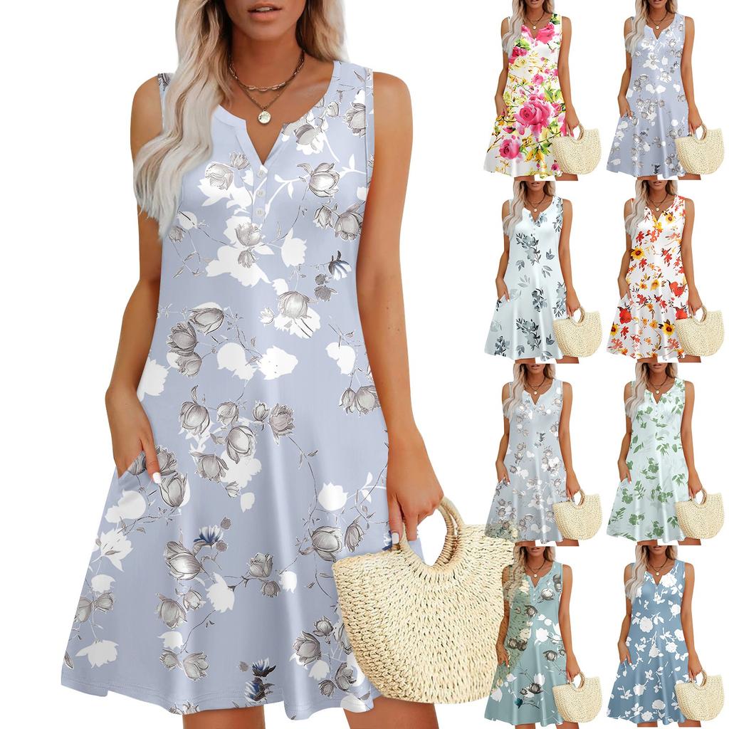 Womens Summer Dresses Loose V Neck Sleeveless Sundresses Dress With Pockets
