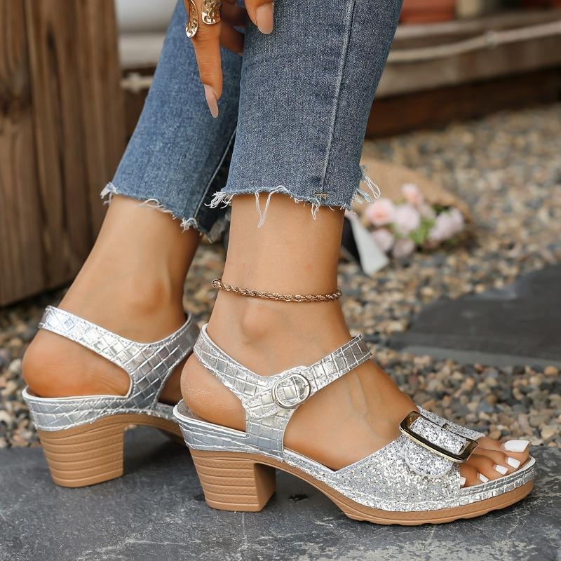 Women's Wide Width Buckle Sandals, Chunky Heel Summer Slides, Wholesale High Heel Mules In Stock