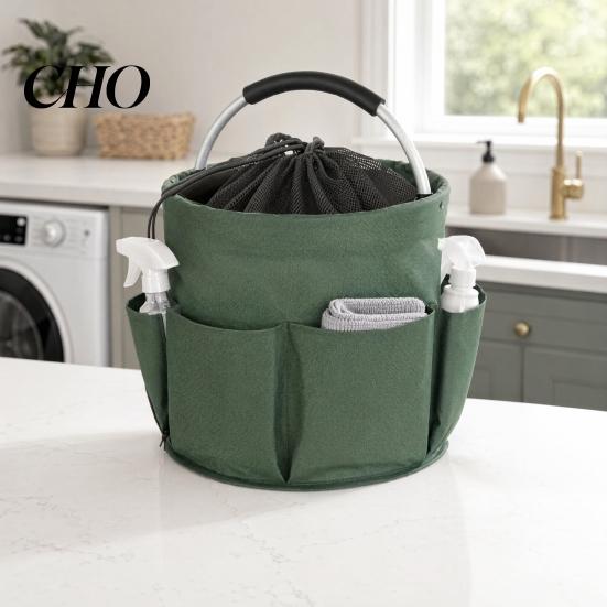 Foldable Cleaning Tools Pouch Storage Bag with Handle & Drawstring, Waterproof Oxford Cloth Multi-Pockets, Large Organizer Basket for Outdoor Camping