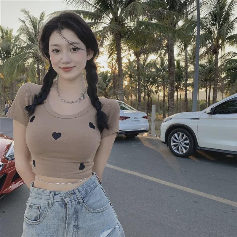 2024 Летняя трикотажная футболка с высокой талией и вышивкой Slim Fit Short для женщин