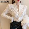 Spring/Summer Lace Bottoming Shirt Women's V-neck Fashion Shirt Long Sleeve Mesh Lining Cutout Sexy Top