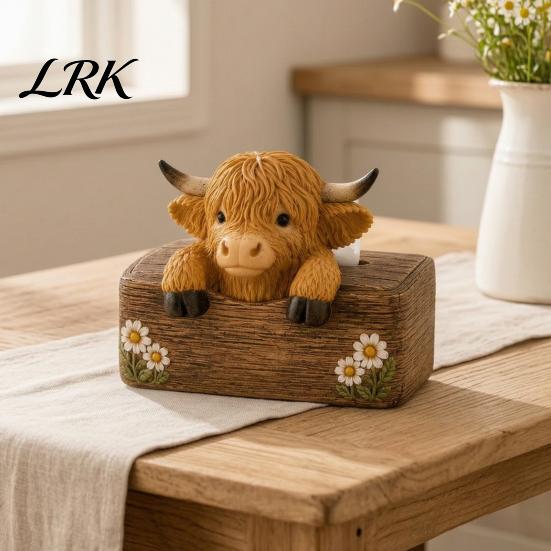 Винтажный Держатель для бутылочек с приправами/Коробка для салфеток в стиле деревянной текстуры с изображением высокогорной коровы, Декоративный органайзер из смолы в деревенском стиле, Уникальный подарок на новоселье,
