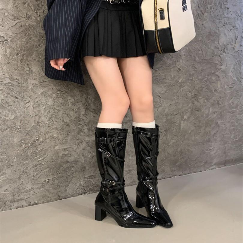 White Thick Heel High Heel Boots Women's European and American Patent Leather Thick Heel Square Head Belt Buckle Knight Boots But Knee Fashion Boots