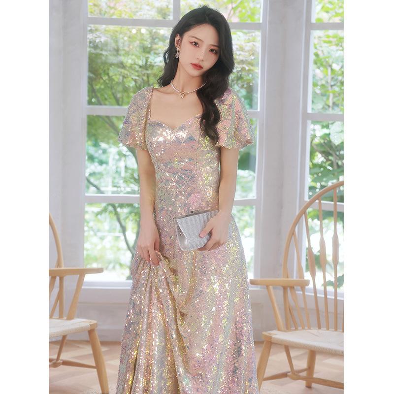 Fishtail evening dress women's 1011 new French sequins style light luxury niche host long summer party fairy