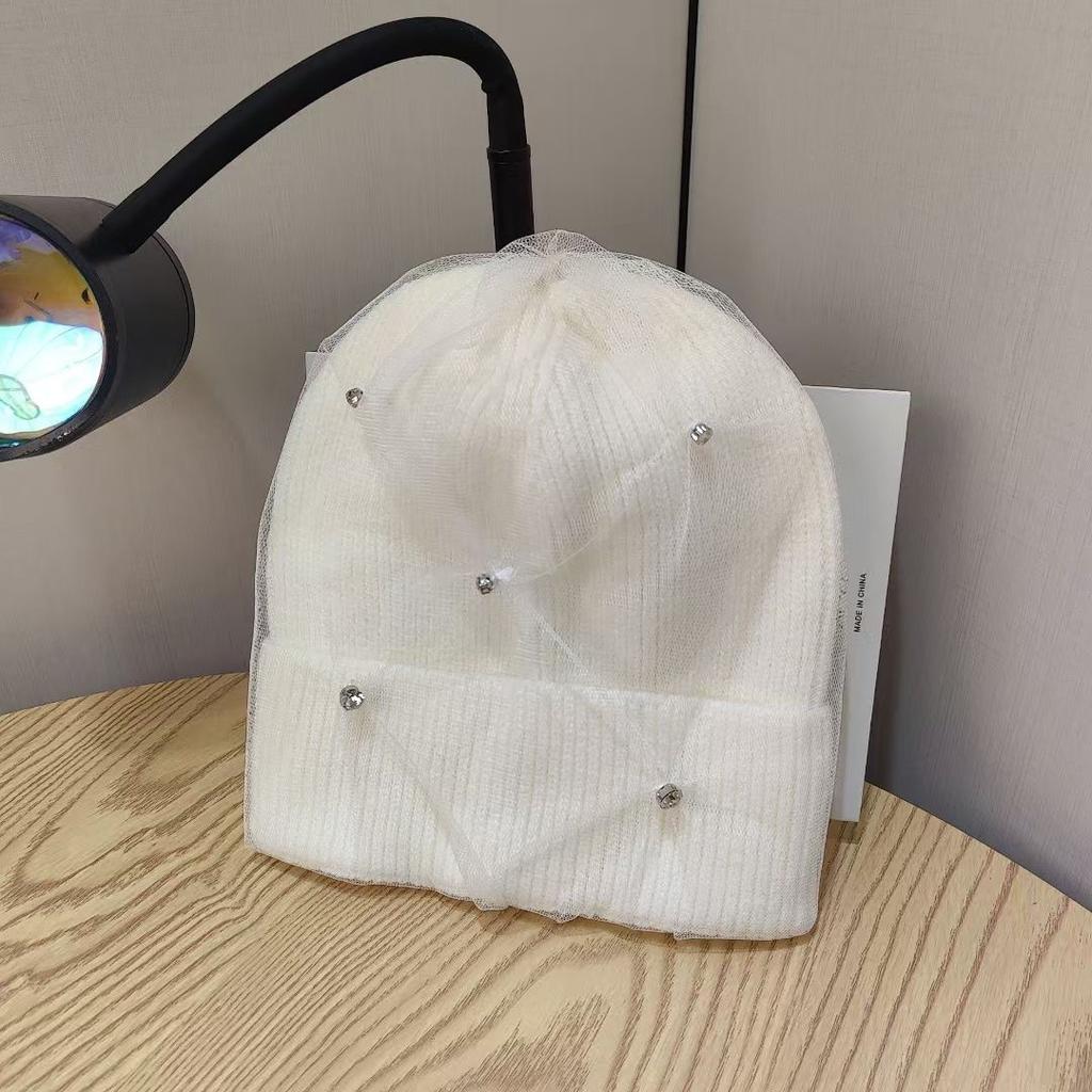 Новая Модная Сетчатая Теплая Шерстяная Шапка со Стразами для Женщин на Осень и Зиму, Утепленная Защита Ушей, Шапка от Холода для Головы, Корейская Версия, Вязаная Шапка Тренд