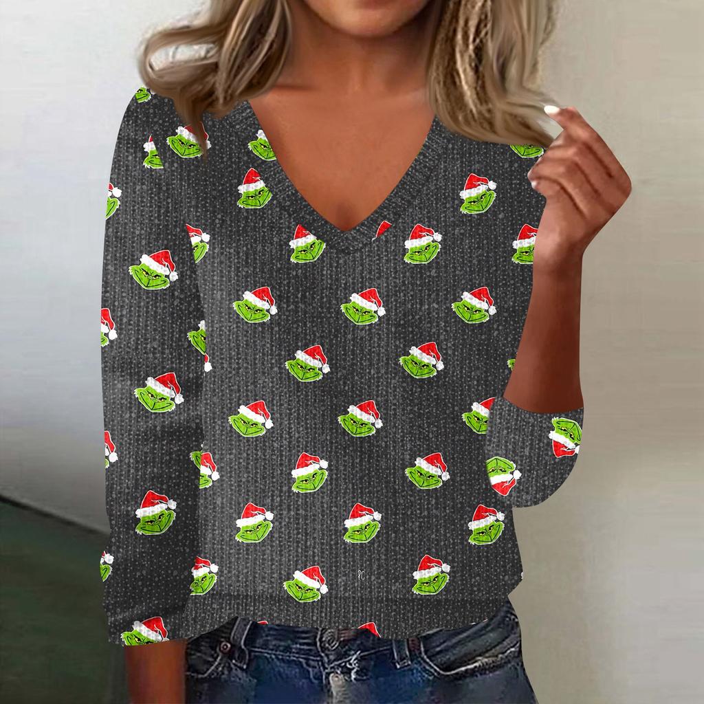 Women's Cute Sweatshirt Knitted Fashion Casual V-neck Long-sleeved Cozy Print Top