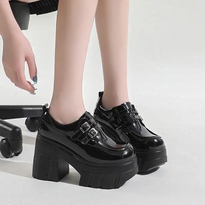 Модная весенне-осенняя новая женская обувь 2024 года Высокое качество Модный однотонный круглый носок Толстый каблук Пряжка Женские туфли на высоком каблуке