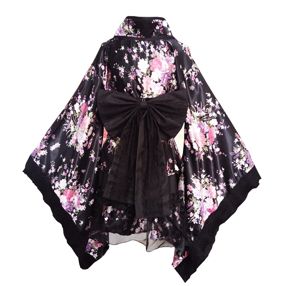 Горничная Ойран Кимоно Косплей Сакура Японский Узор Юката Мини Юбка с Бантом Хэллоуин Костюм Лолита Одежда [YuanD] (Черный, С)