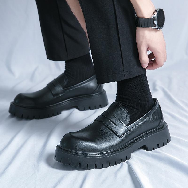 Small Leather Shoes, Teenagers with One Foot, Loafers, Platform Black Fashion Men's Casual Leather Shoes.