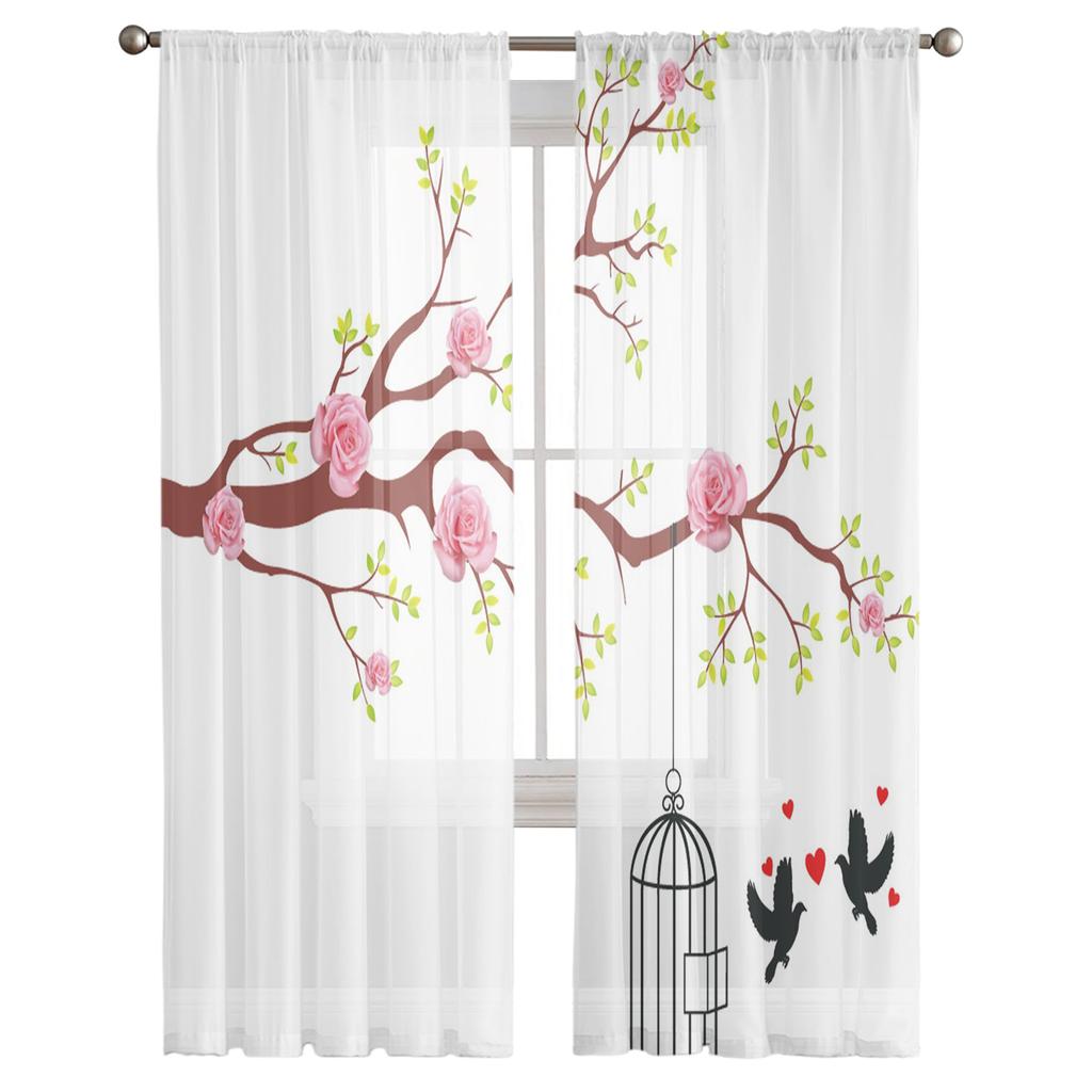 Ветка розы, птица, прозрачная вуаль, занавеска для окон, тюлевые шторы для гостиной, спальни, шифоновые шторы