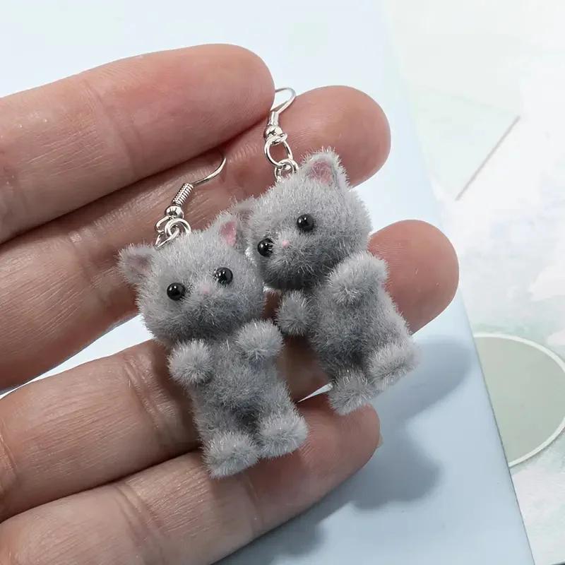 Милые 3D серьги-кошки из смолы с флоком, Мультяшные серьги с животными, Подарок на праздничную вечеринку