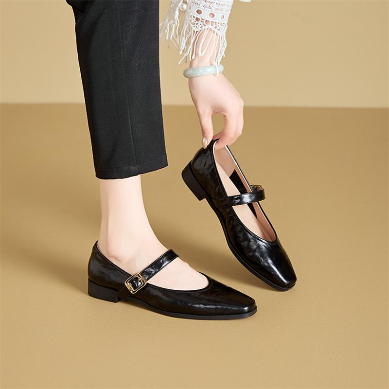 Mary Jane Shoes Female Genuine Leather 2025 New Ballet Shoes Women Square Toe Flat Cowhide Ladies Single Shoes