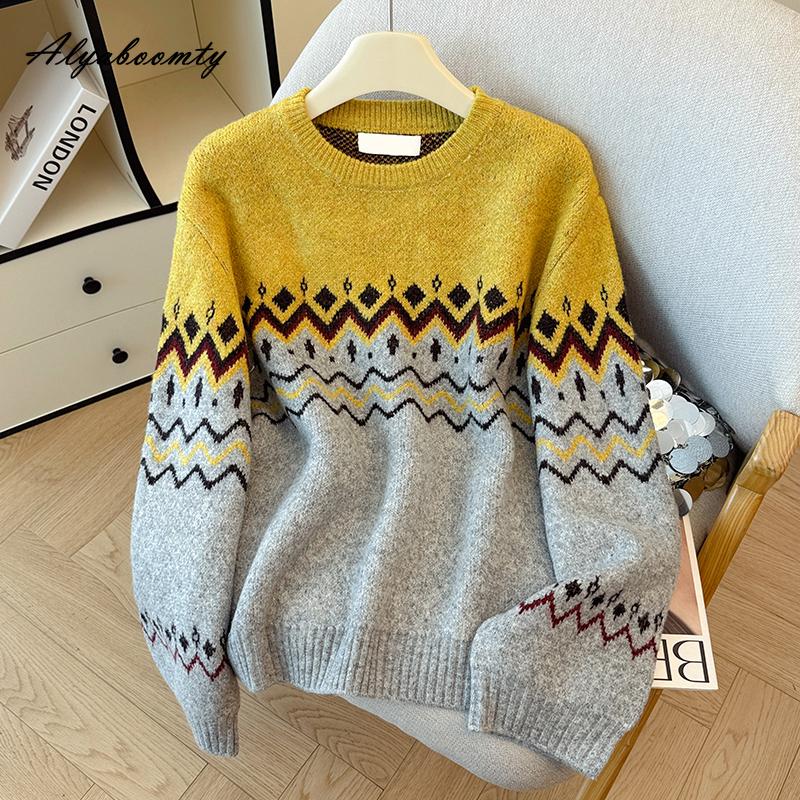 Корейская Мода Осень Зима Женский Базовый Свитер О-образный вырез Контрастный цвет Вязаный пуловер Длинный рукав Толстый Теплый Вязаный Верхняя одежда