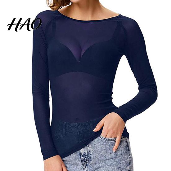Lightweight Long Sleeve Tops Sexy Skinny See-through Black Mesh Pullover O-Neck Solid Color Transparent Punk Club Tee Shirt Women Sheer Blouses