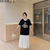 MODIQUE Summer Plus Size New Women Loose Patchwork A-Line Printing Mock Two-Piece Long Dresses Elegant Lady Casual Cotton O-Neck Short Sleeve Skirt