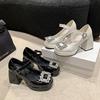 High-heeled Single Shoes New Mary Jane Round Head Square Heel Thick Heel Rhinestone One-word Buckle High Heels Women