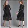 2025 Fall European & American Women's Lace Slim Midi Dress with Hollow Round Neck & Long Sleeves