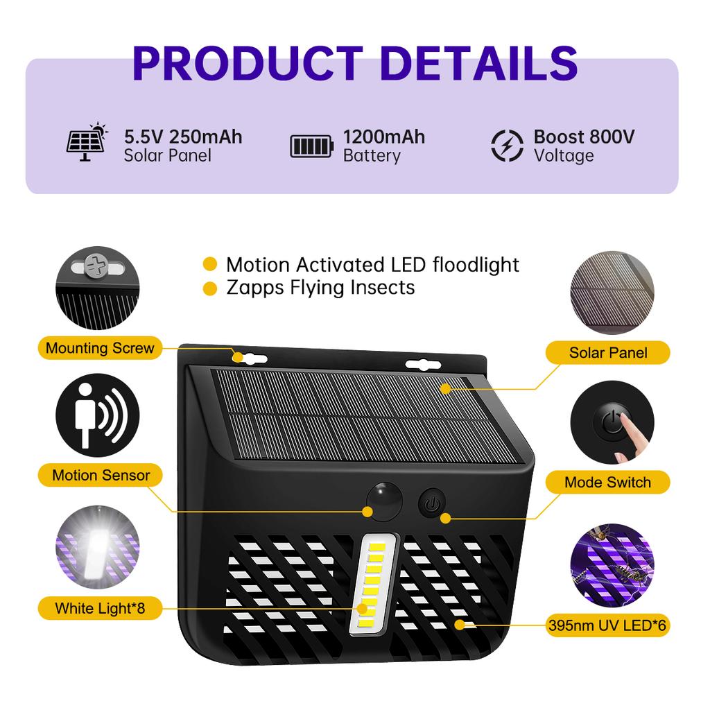 Светодиодная солнечная лампа от комаров, уличная водонепроницаемая лампа высокого напряжения на солнечной энергии, садовая лампа для защиты балкона, репеллент для борьбы с вредителями