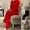 2 Pcs/Set Women Sweater Pants Set Knitted Stretchy Round Neck Loose Wide Leg Elastic Waist Thick Soft Warm Homewear Sleepwear Lady