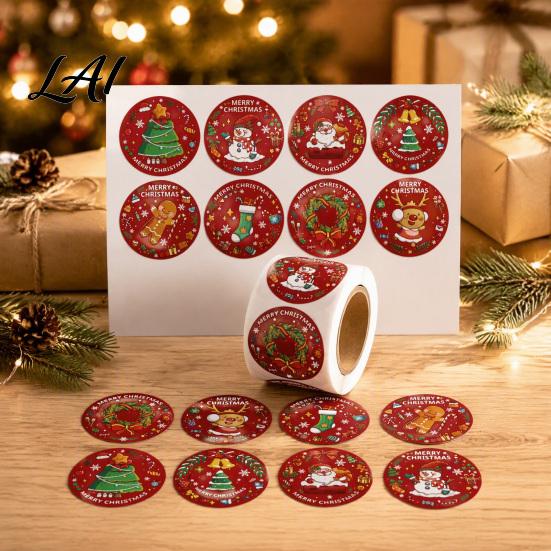 Snowman Gift Decor Christmas Roll Stickers 8 Festive Patterns Print Round Holiday Envelope Decorative Adhesive Labels Seals Coated Paper