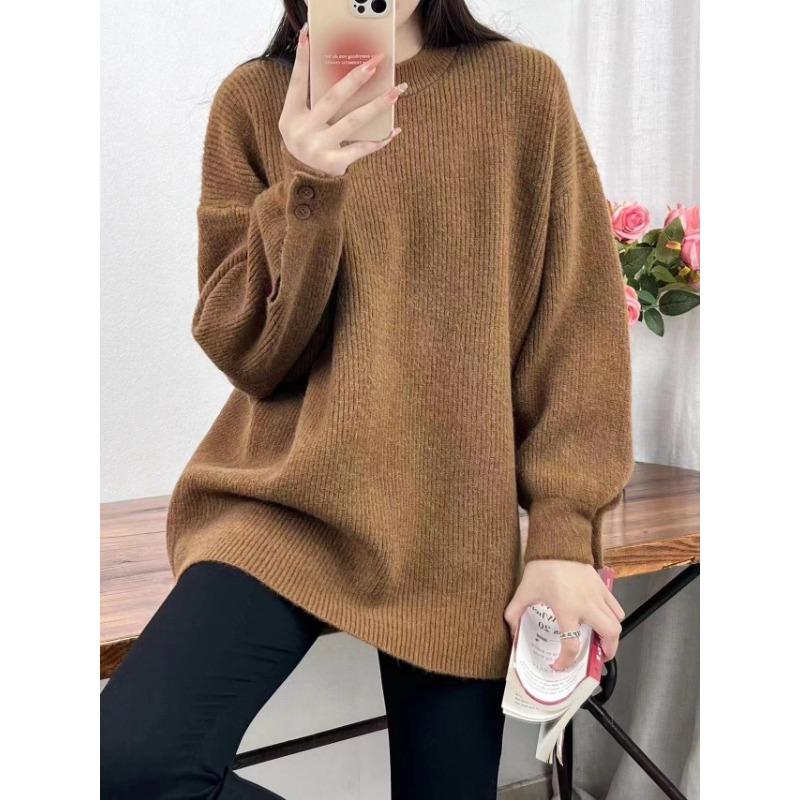 Свободный трикотажный пуловер с утолщенными манжетами в стиле ленивого ветра для женской осени и зимы, средней и длинной длины, для женщин