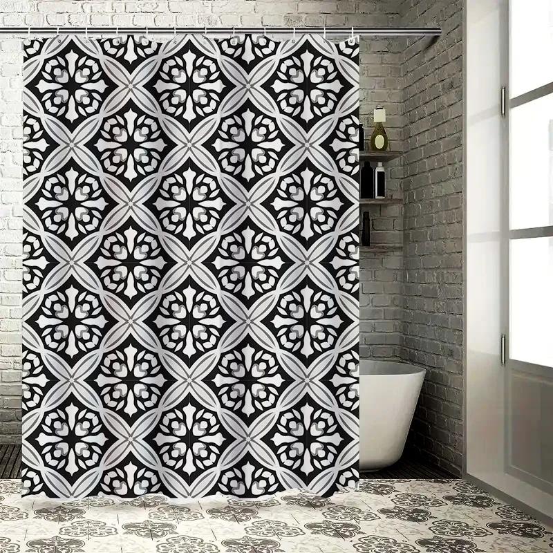 Black White Shower Curtain with Classic Pattern for Bathroom Decor Waterproof Bath Liner, Ideal Gift (80x180cm)