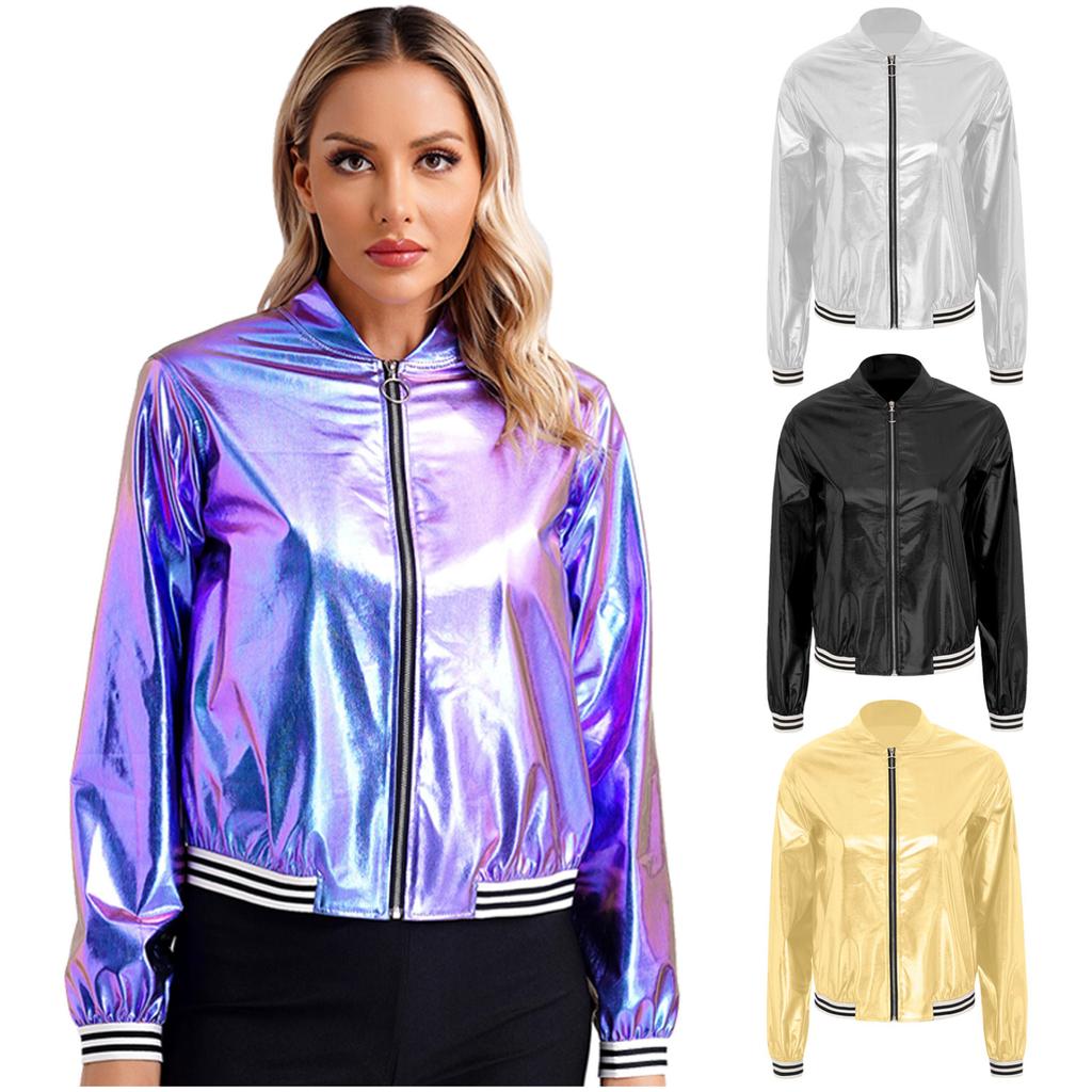 Women's Sparkly Holographic Lightweight 90S Shiny Metallic Long SleeveBomber Jacket