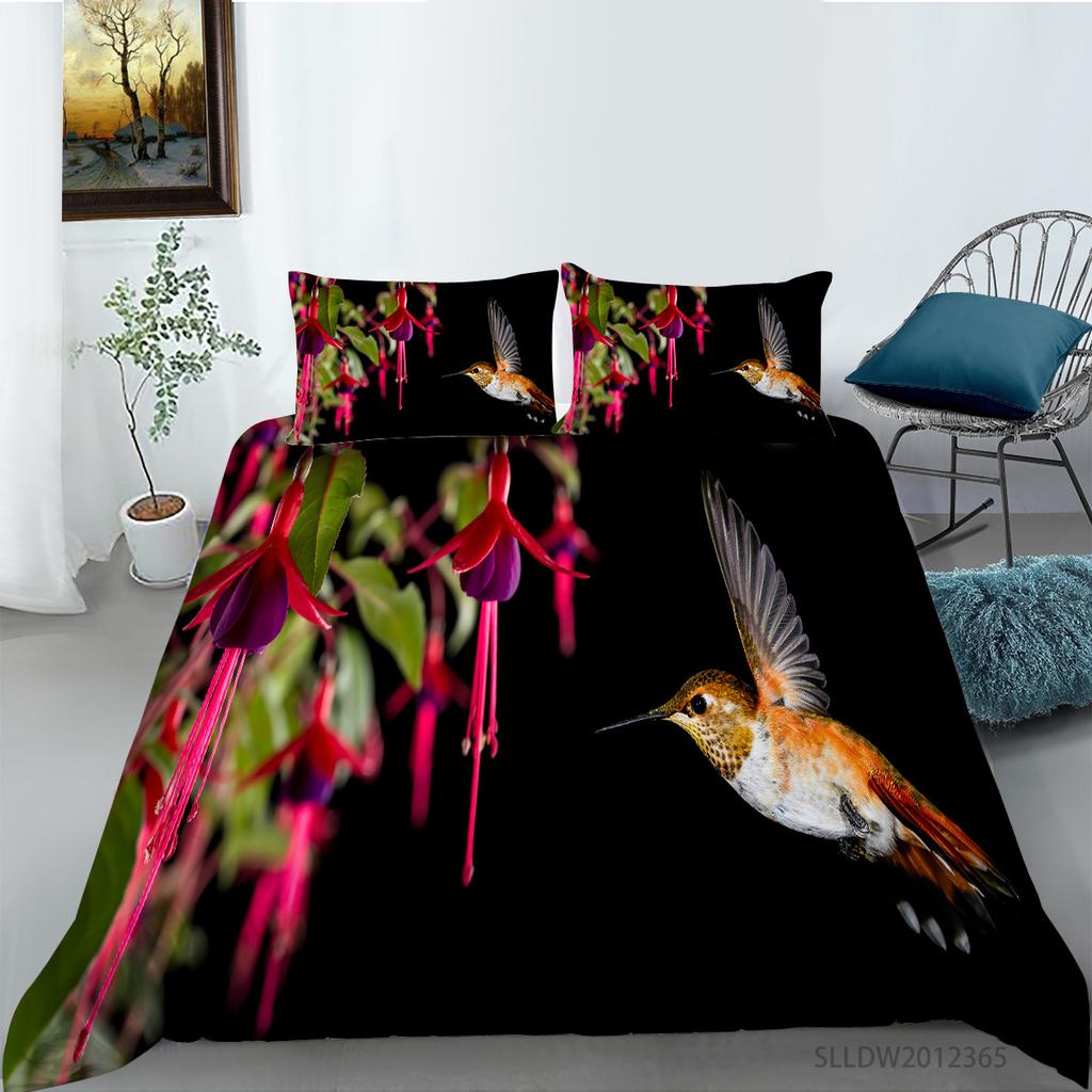 Hummingbird Duvet Cover Set King/Queen Size Small And Cute Tropical Bird Yellow Flower Green Leaves Bedding Set Women