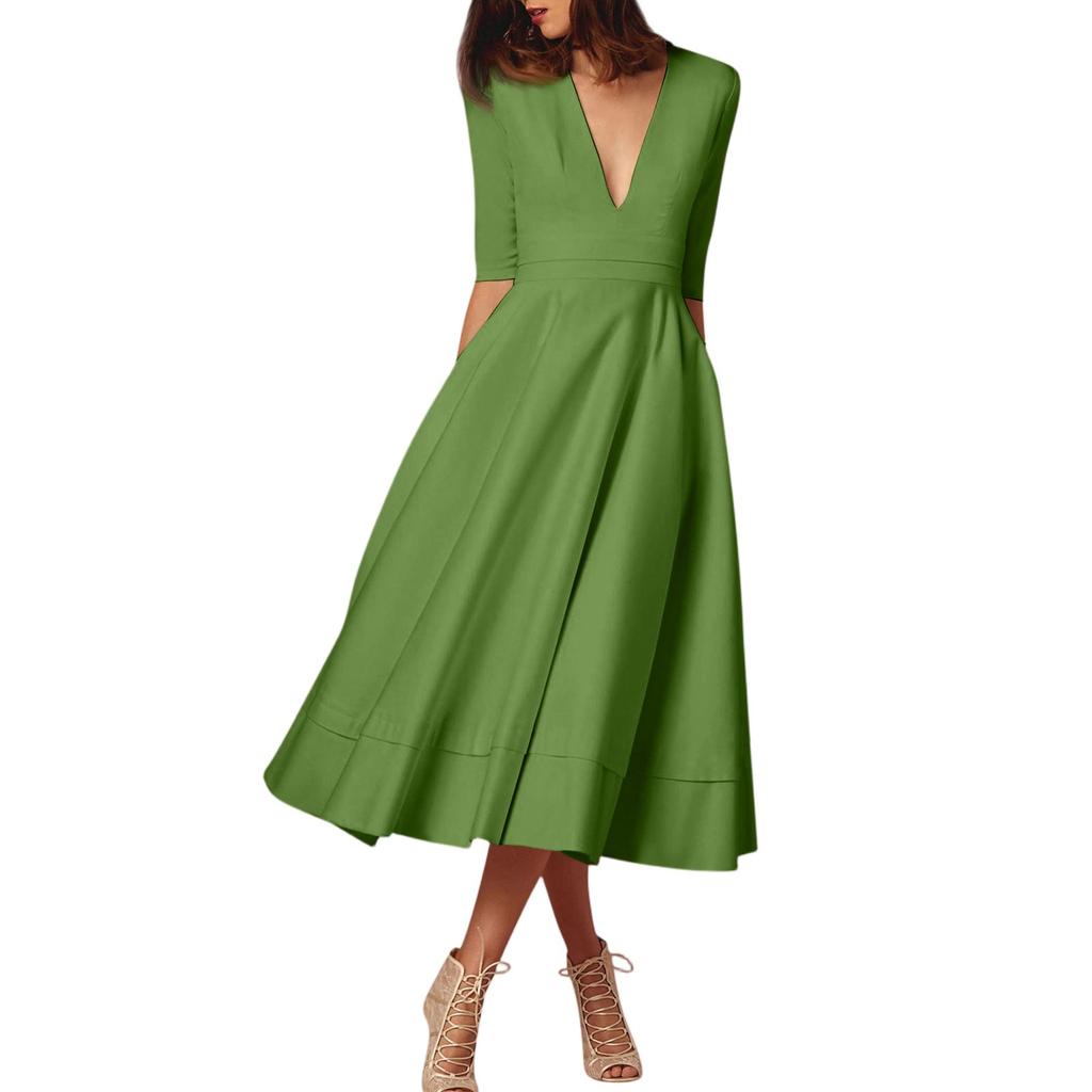 Женское модное платье средней длины со средним рукавом, сексуальное платье с V-образным вырезом