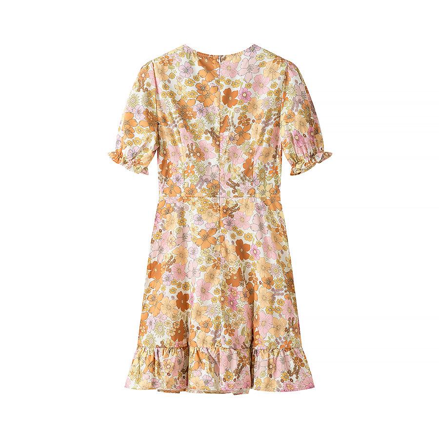 Весеннее женское платье с цветочным принтом и V-образным вырезом - Приталенный, Универсальный, Милый и Элегантный стиль