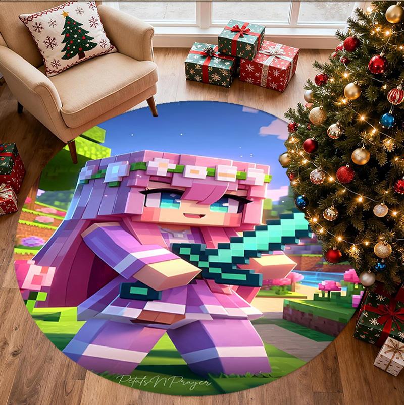 Sandbox game Pattern Round Rug, Indoor/Outdoor Mat, for Picnic, Gameroom, Bedroom, Office, Living Room, Home Decor Carpet, Birthday Gift