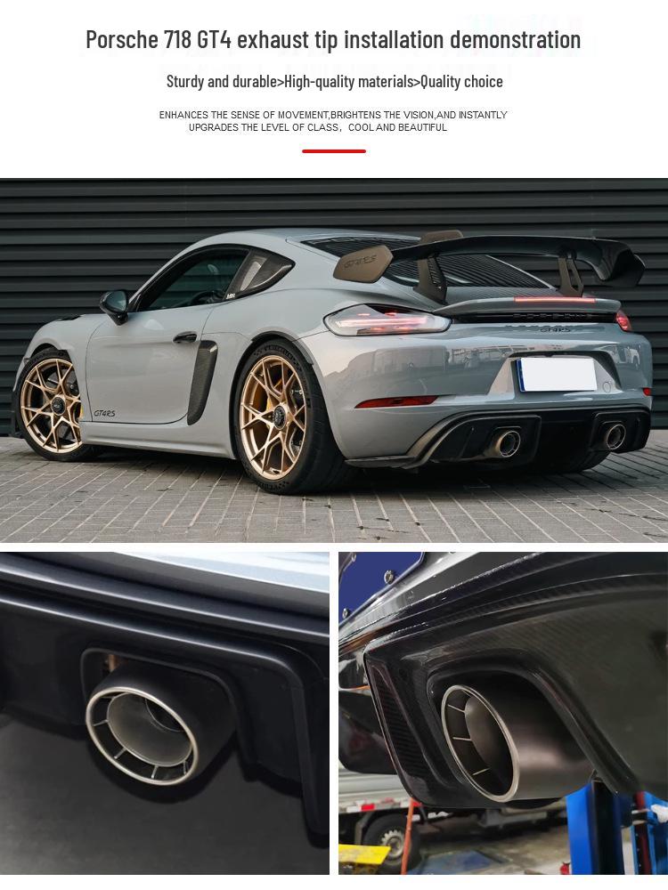 Porsche 718 GT4 Upgrade: Stainless Steel Dual Exhaust with Muffler & Black Tailpipe Tips