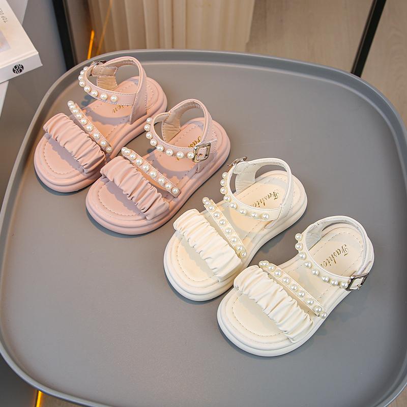 Girls Princess Sandals with Pearls Children Summer Beach Shoes Fashion Kids Leather Sandals for Party Wedding Sweet Size 26-36