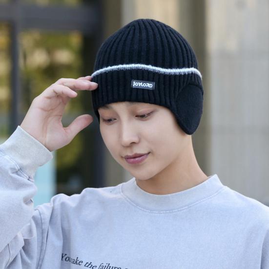 Зимняя мужская вязаная шапка, эластичная, утолщенная, однотонная, с защитой ушей, теплая, повседневная, для катания на лыжах, коньках, головной убор