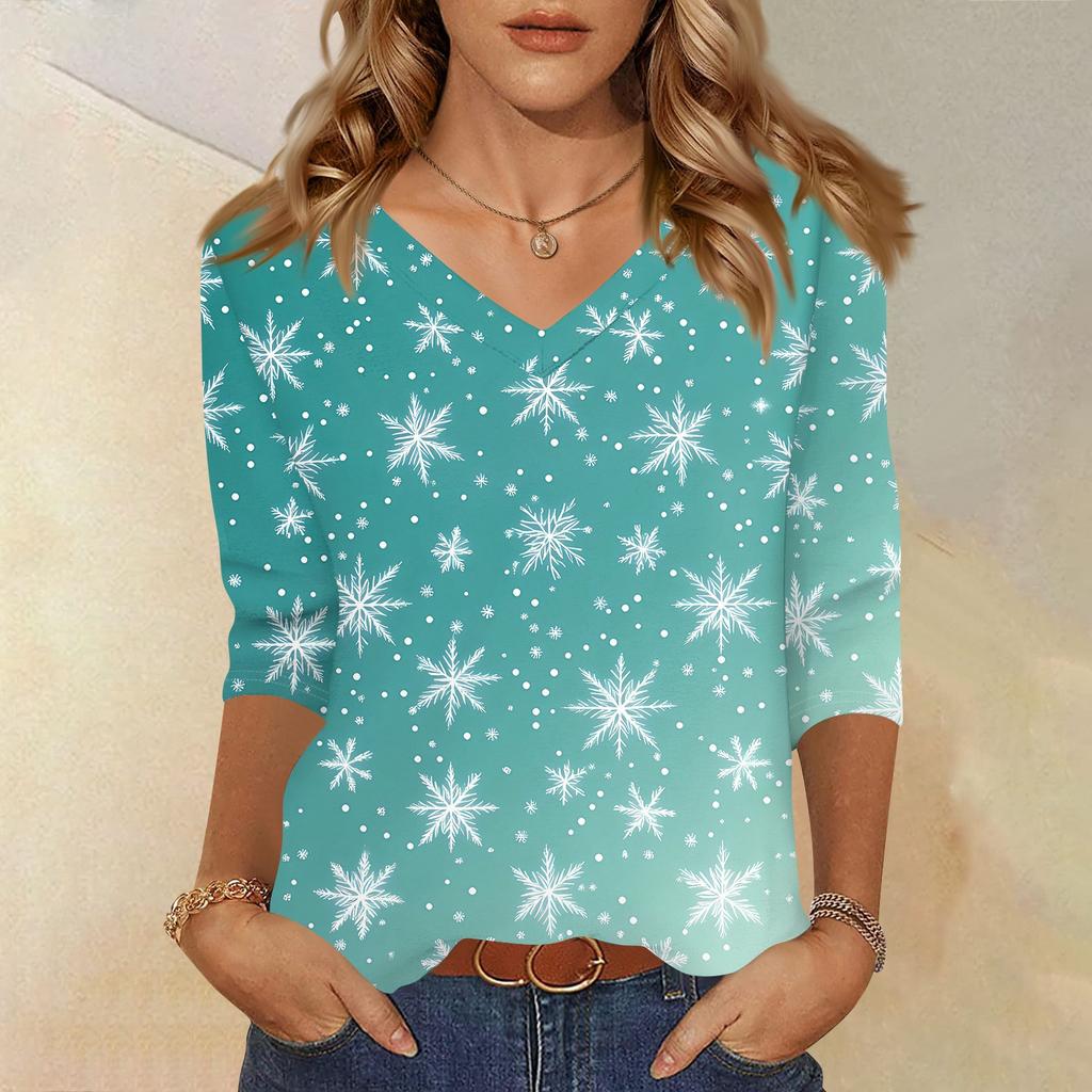 Women's T Shirt CHristmas Print 3/4 Sleeve Daily Weekend Fashion Basic V- Neck Regular Top