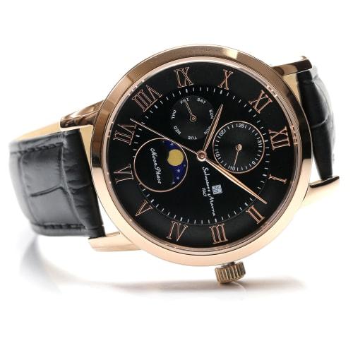 Salvatore Mara Watch Moon Phase Multi Calendar 5 ATM Water Resistant Business Formal Men's Leather Belt Limited Model Black Pink Gold SM21106-PGBK