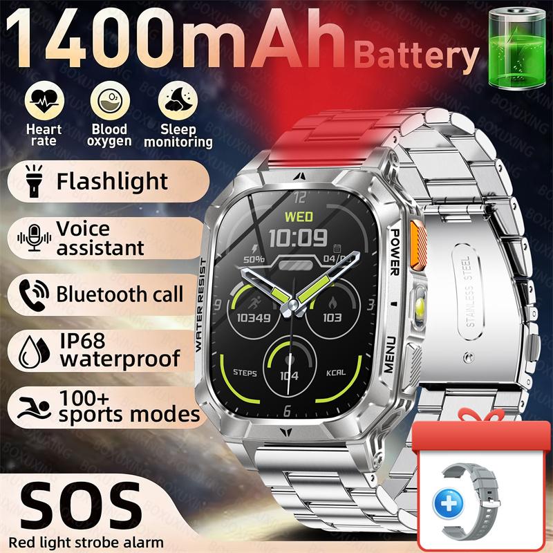 Rugged Outdoor Smart Watch 1400mAh 2.01" HD Screen Bluetooth Call GPS IP68 Waterproof Flashlight SOS Fitness Watch for Men