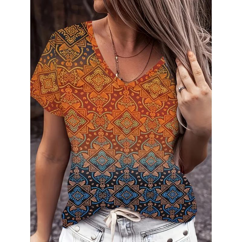 Модная женская футболка с V-образным вырезом, летняя уличная мода, топы с коротким рукавом, цветочные принты, свободная одежда больших размеров