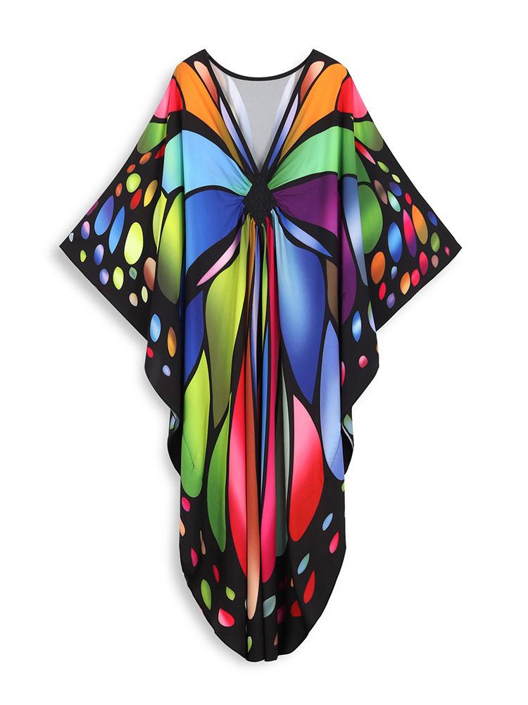 EDOLYNSA Plus Size Kaftan Red Bohemian Printed Summer Long Beach Dress Women Homewear Outfit Swim Suit Cover Up Loose Caftan