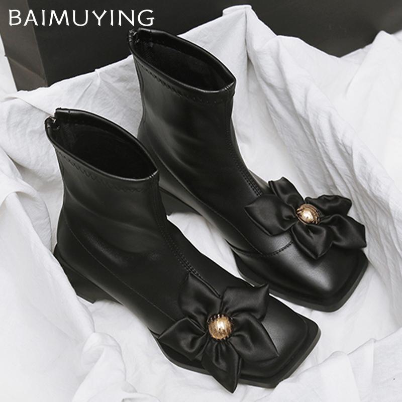 Цветочные женские ботильоны из кожи с квадратным носком и средним каблуком, дизайнерская обувь, новый бренд 2025 года, трендовая зимняя обувь на толстой подошве, женские ботинки