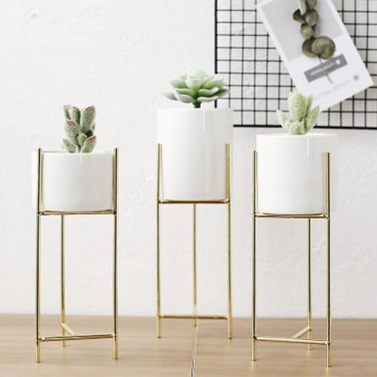 1 Set Flower Pot Stylish Iron Frame Flower Stand Elegant Ceramic Flowerpot for Home Office Room Decoration