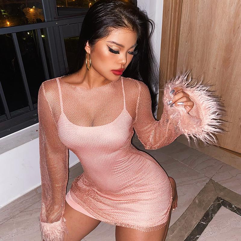 Knitted Round Neck Mesh Long Sleeve Hip Wrap Dress Autumn New Women's Fashion Sexy Dress